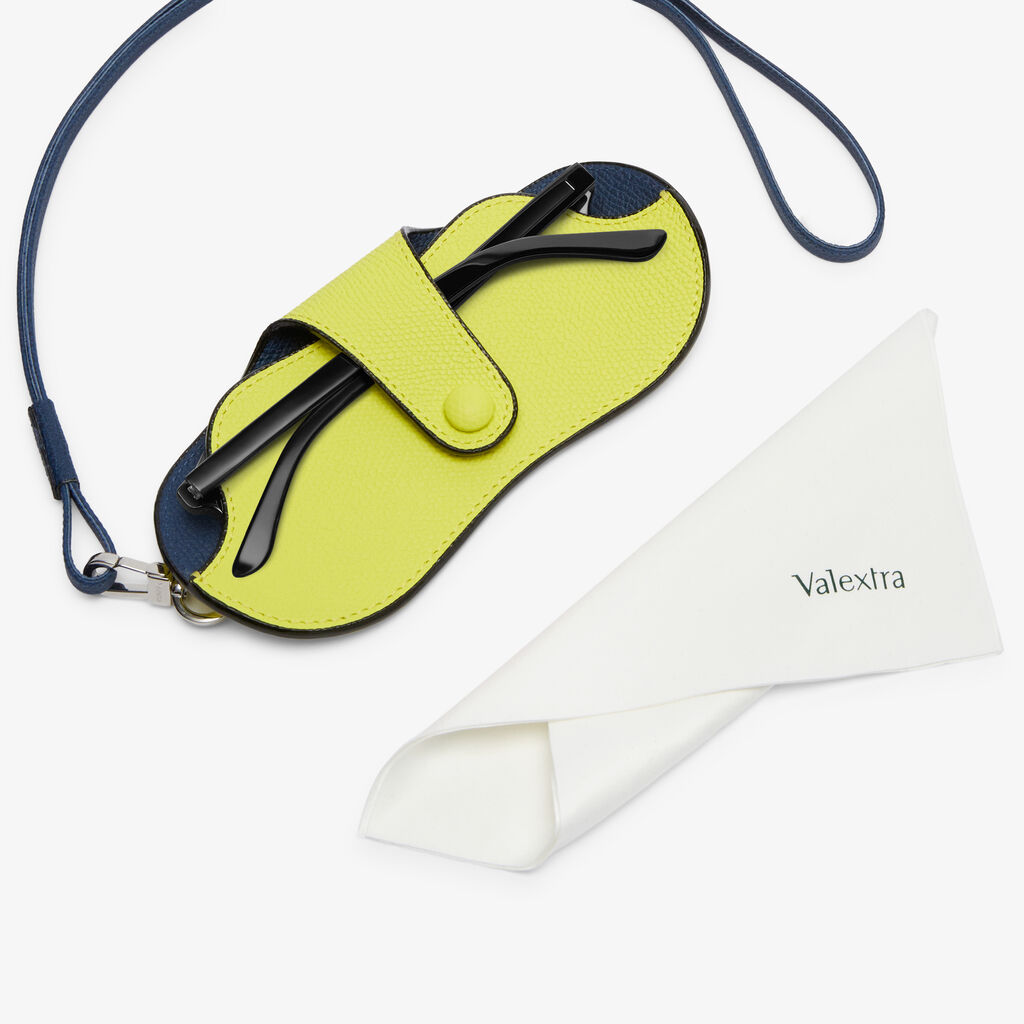 Exclusive Glasses Case with Lanyard - Lime Yellow/Blue Sapphire - Vitello VS - Valextra - 2