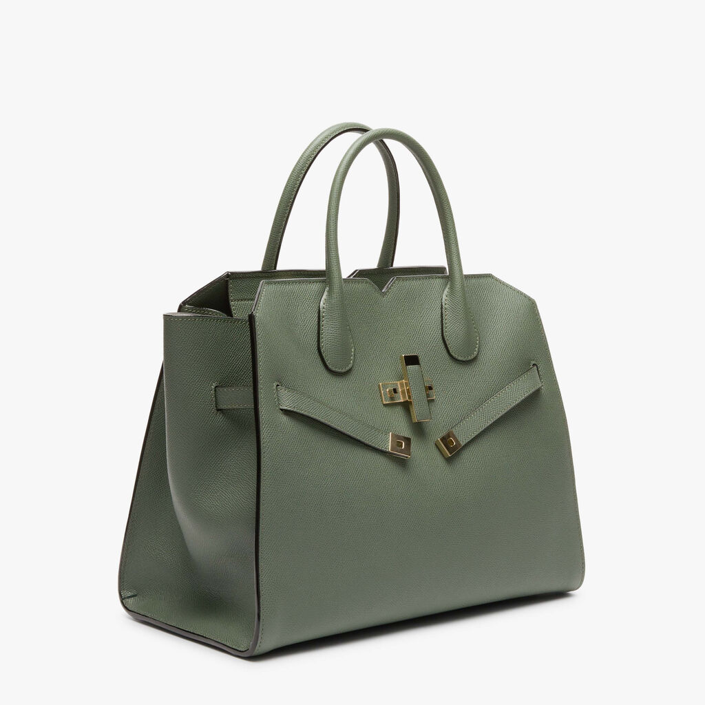 Milano Two Handles Medium Bag - Musk Green - Vitello Millepunte Soft - Valextra - 6